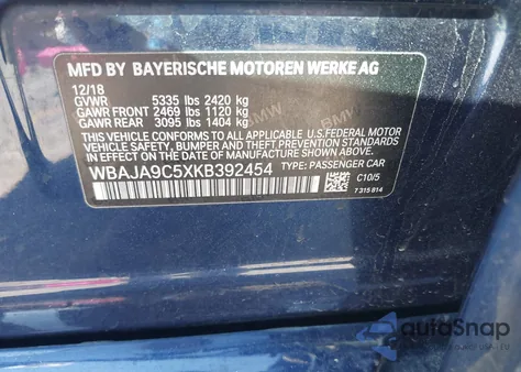 2019 BMW 530E Iperformance from USA, damaged, VIN WBAJA9C5XKB392454